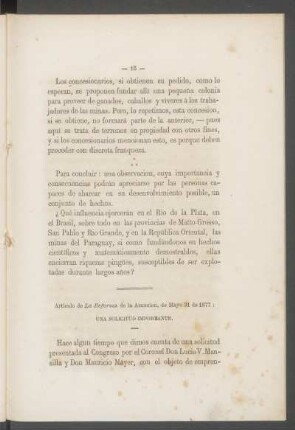 Una solicitud importante. : Artículo de "La Reforma" de la Asunción, de Mayo 31 de 1877.