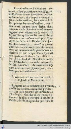 I. Assembleé De La Faculté le Jeudi 1. Mars 1714.