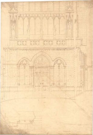 Schmidt, Heinrich von; Brüssel - Laeken (Belgien); Eglise Notre Dame, Portal und Turm - Teilgrundriss, Teilansicht m. Schnitt