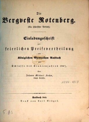 Einladungsschrift zur feierlichen Preise-Vertheilung am Königlichen Gymnasium Ansbach : zum Schlusse des Studien-Jahres ... 1844/45