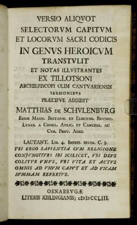 Versio Aliqvot Selectorvm Capitvm Et Locorvm Sacri Codicis In Genvs Heroicum