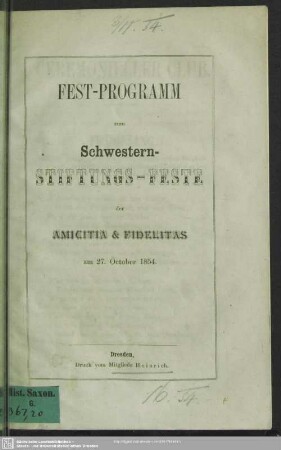 Fest-Programm zum Schwestern-Stiftungs-Feste der Amicitia & Fidelitas am 27. October 1854