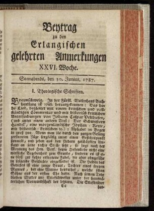 XXVI. Woche. Sonnabends, den 30. Junius. 1787.