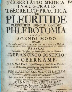 Dissertatio medica inauguralis theoretico-practica de pleuritide, peuritidis principe remedio phlebotomia eiusque agendi modo
