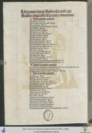 Librorum sancti Ambrosii episcopi Basilee impressorum previa annotatio.