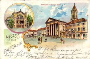 Postkartenalbum August Schweinfurth mit Karlsruher Motiven. "Gruß aus Karlsruhe - Festhalle - Marktplatz mit Evangel. Kirche"