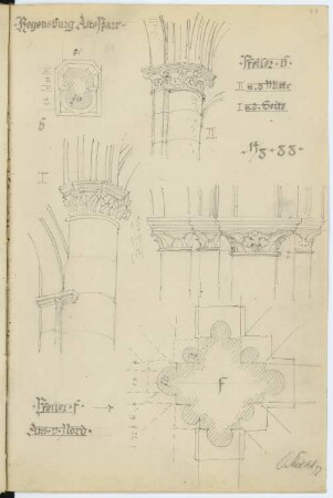 Alte Pfarrkirche, Regensburg: Grundrisse, Perspektivische Ansichten, Details Pfeiler (aus: Skizzen- und Fotoalbum 2)