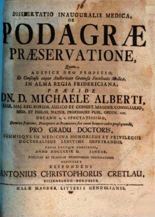 Dissertatio inauguralis medica, De podagrae praeservatione