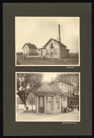 Blatt 14 mit zwei Silbergelatinepapierabzügen (Abdeckerei und Öffentliche Toilette, Plauen) : Flügelmappe mit Pergamenteinband und farbigem, montiertem Wappen der Stadt Plauen, bezeichnet goldgeprägt Mitte: Ihrem hochverdienten Stadtbaurat / Die Stadt Plauen / 1895-1909; im Inneren Vorsatz und Laschen mit hellgrüner Seide überzogen; auf dem Deckel vorn innen auf der Innenkante bezeichnet goldgeprägt unten Mitte: R. OESTERREICH J., K. HOFBUCHBINDER, DRESDEN; auf 22 losen, schwarzen Kartons 42 montierte Silbergelatinepapierabzüge sowie ein loser Silbergelatinepapierabzug; Untersatzkartons: je 47,8 x 32 cm, Mappe: 49,7 x 34 x 3,5 cm, Original-Pappbox: 52 x 37 x 4,5 cm (um 1909). Dresden: SLUB/DF 2022.E.5