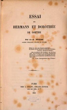 Essai sur Hermann et Dorothée de Goethe