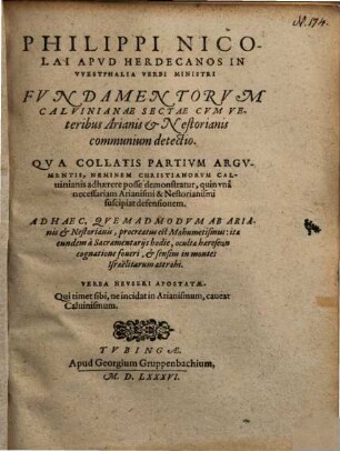Fundamentorum Calvinianae sectae cum veteribus Arianis & Nestorianis communium detectio