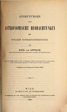 Andeutungen über astronomische Beobachtungen bei totalen Sonnenfinsternissen