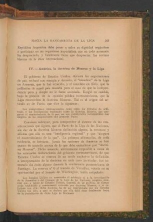IV. - América, la doctrina de Monroe y la Liga