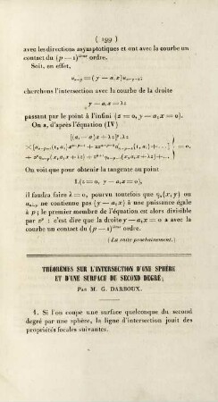 Théorèmes sur l'intersection d'une sphère et d'une surface du second degré.