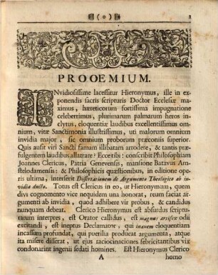 Apologia Divi Hieronymi Adversus Joannem Clericum : Qui Eidem Sancto Doctori contra Vigilantium aliosque disputanti Invidiosissime Affingit Argumentum Theologicum Ab Invidia Ductum: Argumentum Prolusionis Theologicae, Cum Positiones ex universa Theologia propugnarent
