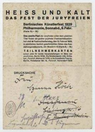 Einladungskarte [Drucksache] der Juryfreien an Hannah Höch. Berlin. Einladung zum Kostümfest der Juryfreien unter dem Motto Heiss und Kalt, 9. Februar 1929, mit Ankündigung des zweiten Festes am Fastnachtsdienstag, 12. Februar 1929.