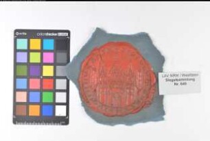 Siegler: Höxter, Stadt Überlieferungsart: Original. Stoff: Lack Farbe: rot Form: rund. Durchmesser: Art: Typ: Umschrift: SIGILLVM BURGENSIVM IN HUXARIA