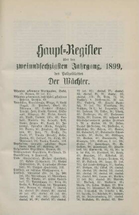 Haupt-Register über den zweiundsechzigsten Jahrgang, 1899, des Polizeiblattes Der Wächter
