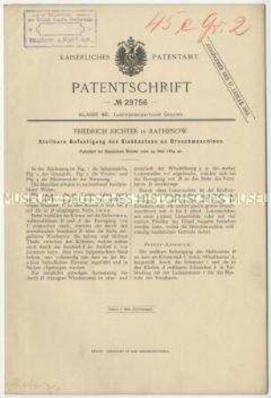 Patentschrift einer stellbaren Befestigung des Siebkastens an Dreschmaschinen, Patent-Nr. 29756