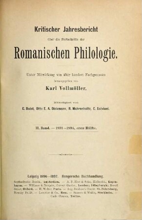 Kritischer Jahresbericht über die Fortschritte der romanischen Philologie, 2. 1891/94 (1896/97)