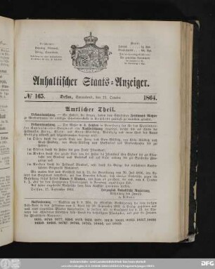Anhaltischer Staats-Anzeiger : Dessauer neueste Nachrichten, No. 165. Dessau, Sonnabend, den 22. October 1864.