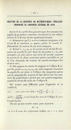 Solution de la question de mathématiques spéciales proposée au concours général de 1888.