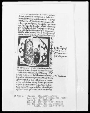 Stephan von Paris, Auslegung der Regel des heiligen Benedikt — Initiale O, darin der Priester Florentius schickt einen Boten mit dem vergifteten Brot zu Benedikt, Folio 65recto