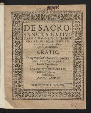 De Sacrosancta Nativitate Domini Nostri Jesu Christi, Eiusque Infinitis beneficiis nobis per illam partis ac acquisitis Oratio