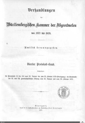 2,51: Landtag Württemberg - Kammer 2, Protokolle 1877-1879, Bd. 4