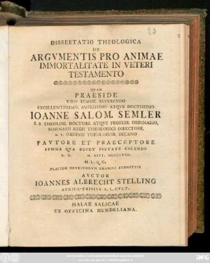 Dissertatio Theologica De Argvmentis Pro Animae Immortalitate in Veteri Testamento