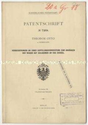 Patentschrift über Neuerungen an Kupplungsvorrichtungen zum Aufhängen von Wagen an Seilbahnen, Patent-Nr. 7268