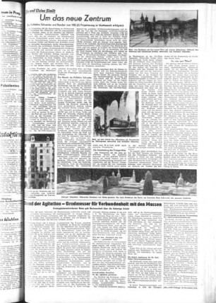 Sächsische Zeitung 7 (1952)... vom 22. November. Seite ...: Themenseite "Du und Deine Stadt" (Dresden) mit "Um das neue Zentrum" (ungezeichnet) und "Stand der Agitation ..." v. -dt.