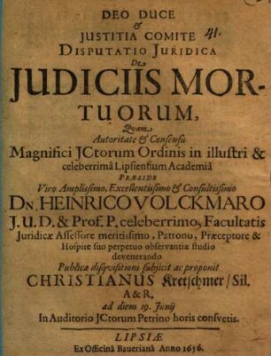 Disputatio juridica De judiciis mortuorum