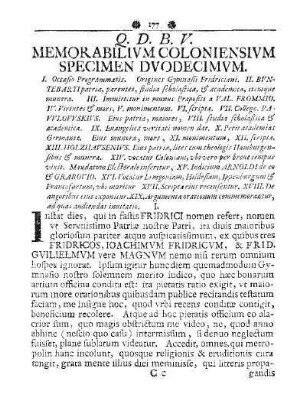 Q. D. B. V. MEMORABILIVM COLONIENSIVM SPECIMEN DVODECIMVM