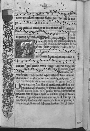 Antiphonarium (Benediktinerhandschrift) — Initiale L (evita Laurentius) mit dem Martyrium des Heiligen und Wappen in der Bordüre, Folio 286verso