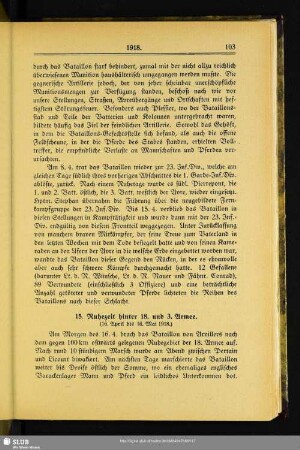 15. Ruhezeit hinter 18. und 3. Armee (16. April bis 16. Mai 1918)