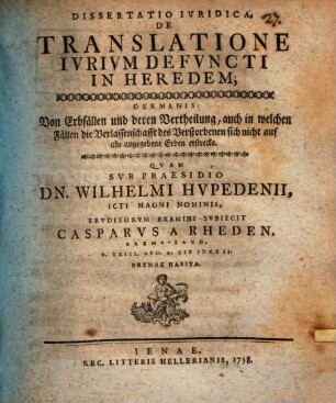 Diss. iur. de translatione iurium defuncti in heredem
