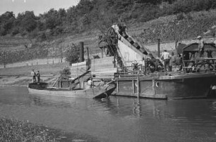 Meißen-Proschwitz, Bagger auf der Elbe mit Prahm