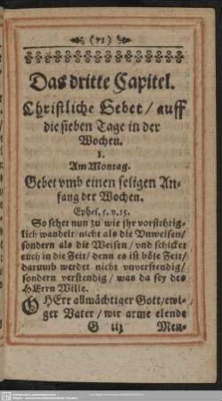 Das dritte Capitel. Christliche Gebet, auff die sieben Tage in der Wochen