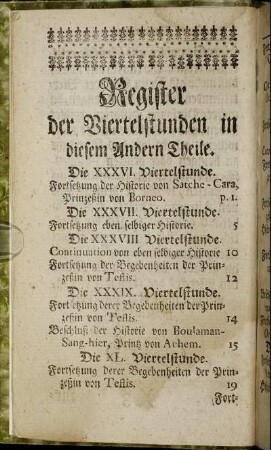Register der Viertelstunden in diesem Andern Theile.