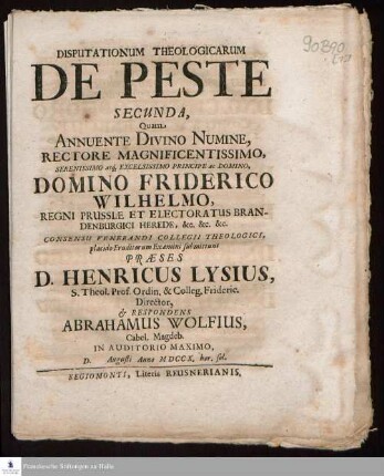 Disputationum Theologicarum De Peste Secunda