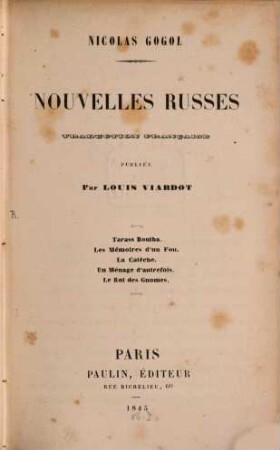 Nouvelles Russes : Traduction française publ. par L. Viardot