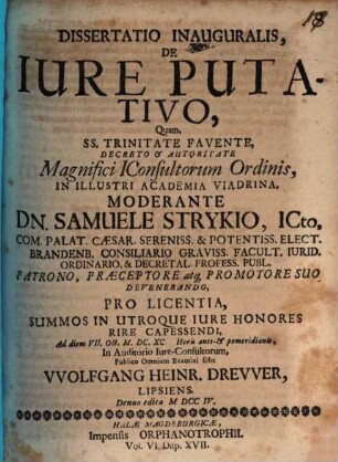 Dissertatio Inauguralis, De Iure Putativo