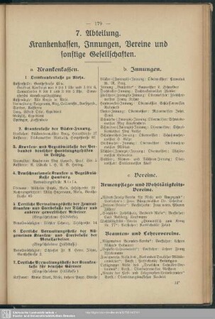 VII. Abteilung. Krankenkassen, Innungen, Vereine und sonstige Gesellschaften