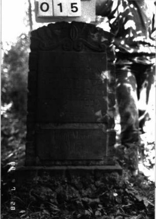 Grabstein 15 (Index: 100101162) Material: Sandstein Zustand: gut Maße HxBxT: 113x50x16 cm Beschreibung: rusticaartige Stele, Sockel, Segmentbogenabschluß, Schriftplatten rechteckig Symbolik: Voluten: Grabstein 15