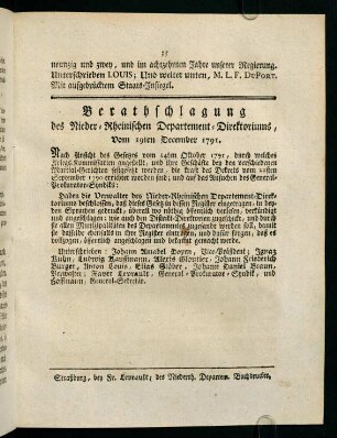 35, Berathschlagung des Nieder-Rheinischen Departement-Direktoriums, Vom 19ten December 1791.