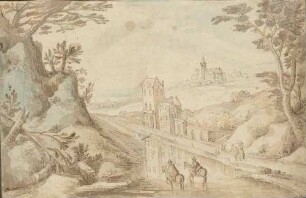 Landschaft mit Kirche, einem Kastell am Fluss und zwei Reitern