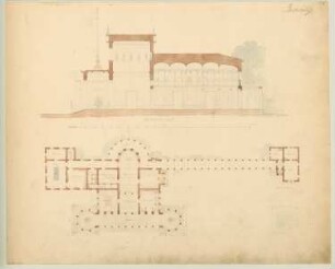 Gesellschaftshaus Monatskonkurrenz August 1849: Grundriss Erdgeschoss, Querschnitt; Maßstabsleiste