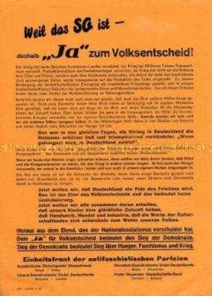 Erklärung zur Entwicklung der Ernährungssituation im Nachkriegsdeutschland, Aufruf der Einheitsfront der antifaschistischen Parteien zur Abstimmung für die Enteignung der Betriebe von Nazi- und Kriegsverbrechern