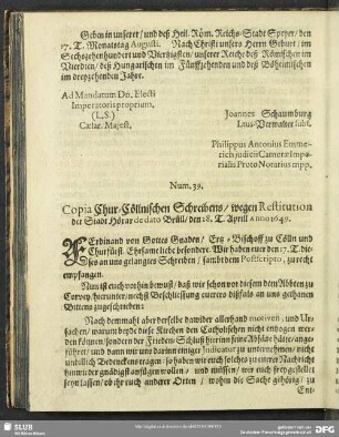 Num. 39. Copia Chur-Cöllnischen Schreibens, wegen Restitution der Stadt Höxar de dato Brüll, den 28. T. April Anno 1649